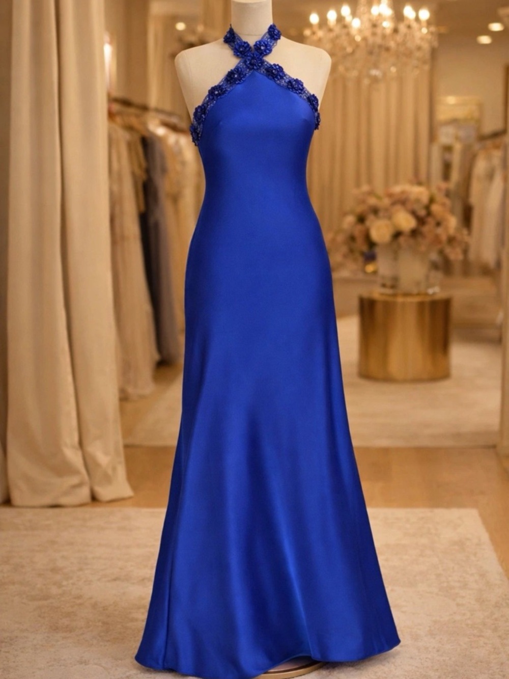 Adrianna Papell Sapphire Beaded Halter Gown Formal Dress 16 NWT